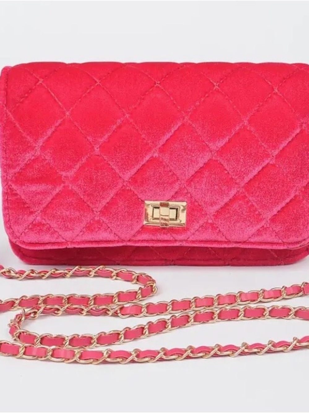 Quilted Velvet Chain Shoulder Bag - Hot Pink